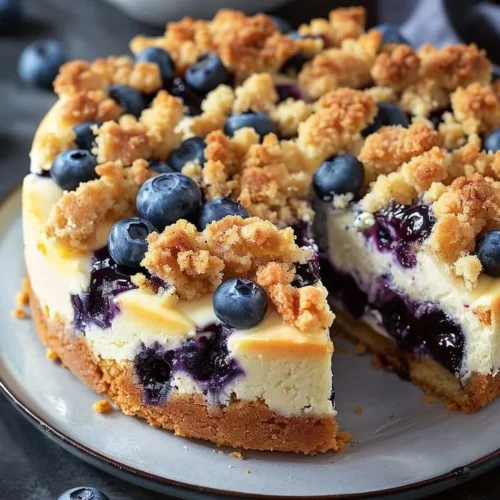 Blueberry cream cheese coffee cake served on a plate with fresh blueberries