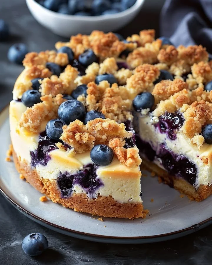 Blueberry cream cheese coffee cake served on a plate with fresh blueberries