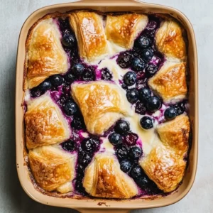 Delicious blueberry cream cheese croissant casserole baked to perfection.
