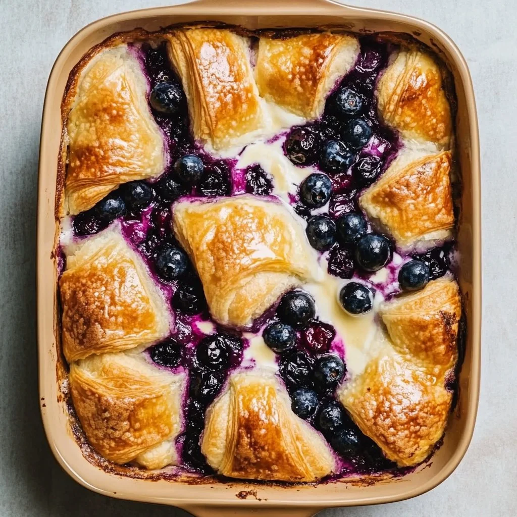 Delicious blueberry cream cheese croissant casserole baked to perfection.
