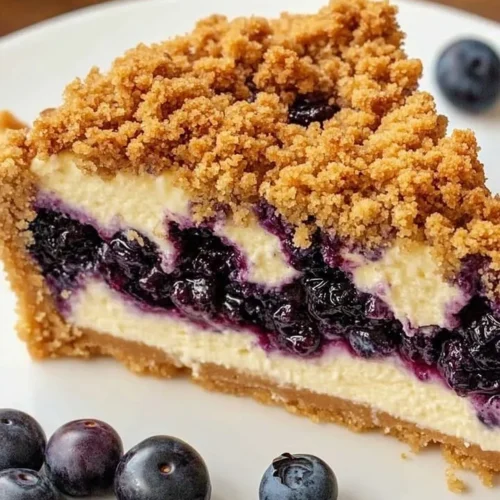 Delicious blueberry crumble cheesecake topped with fresh blueberries and crumble.