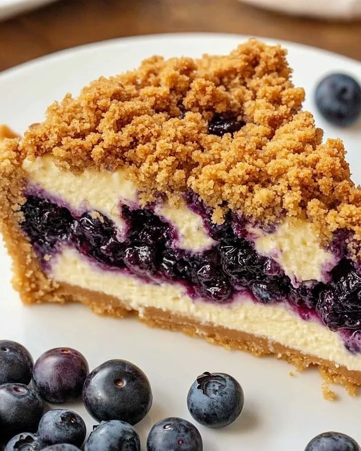 Delicious blueberry crumble cheesecake topped with fresh blueberries and crumble.