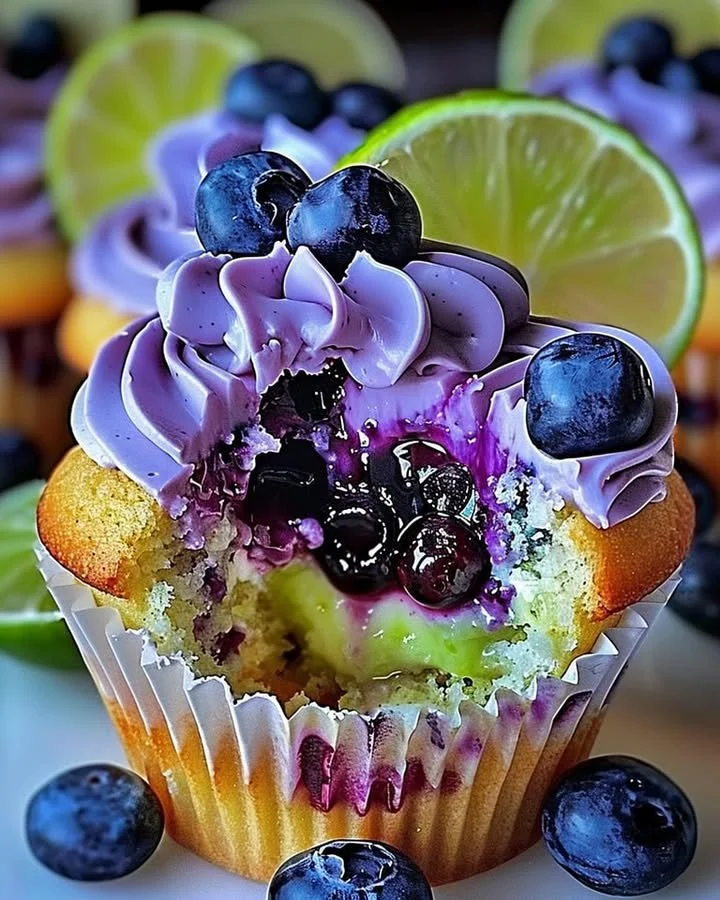 Blueberry lime cheesecake cupcakes topped with fresh blueberries