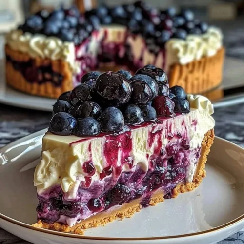Delicious blueberry swirl cheesecake with a creamy texture and fresh blueberries