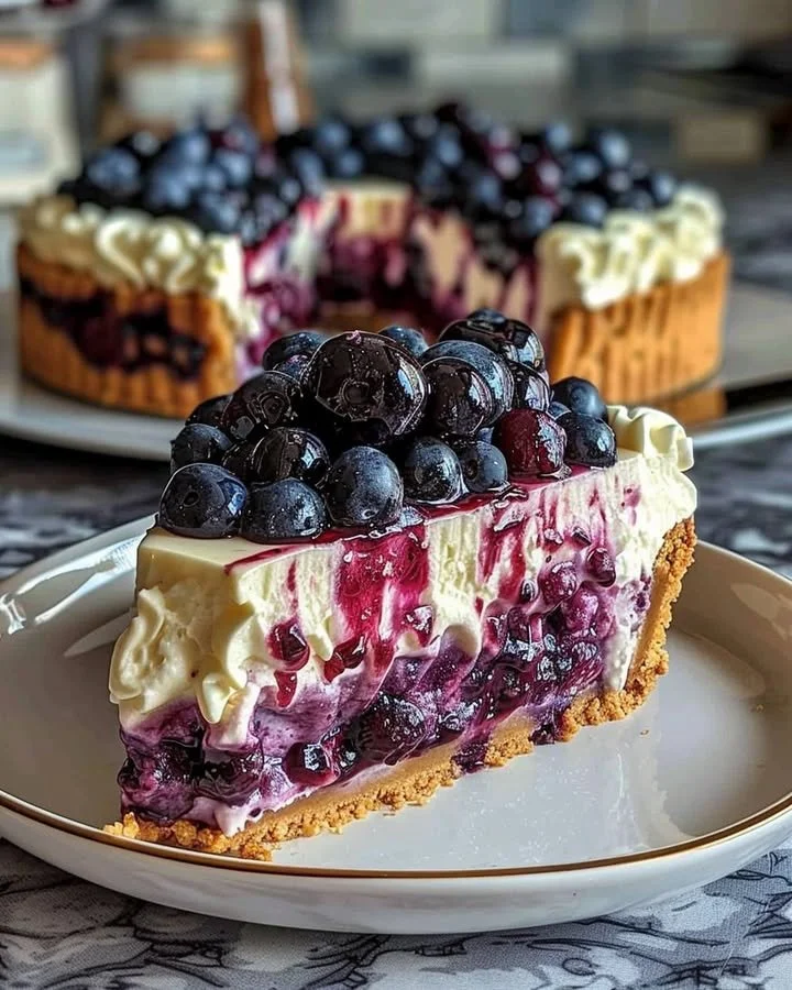 Delicious blueberry swirl cheesecake with a creamy texture and fresh blueberries