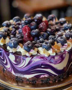 Delicious blueberry swirl cheesecake with fresh blueberries on top