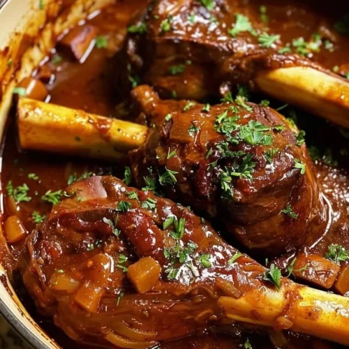 Delicious braised lamb shanks served with vegetables and herbs