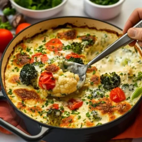 Creamy broccoli and cauliflower dish garnished with herbs