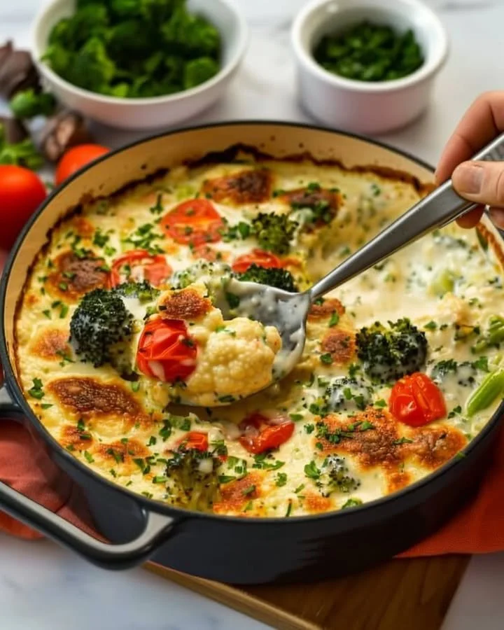 Creamy broccoli and cauliflower dish garnished with herbs