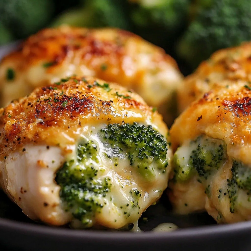 Broccoli and cheese stuffed chicken breast garnished with herbs