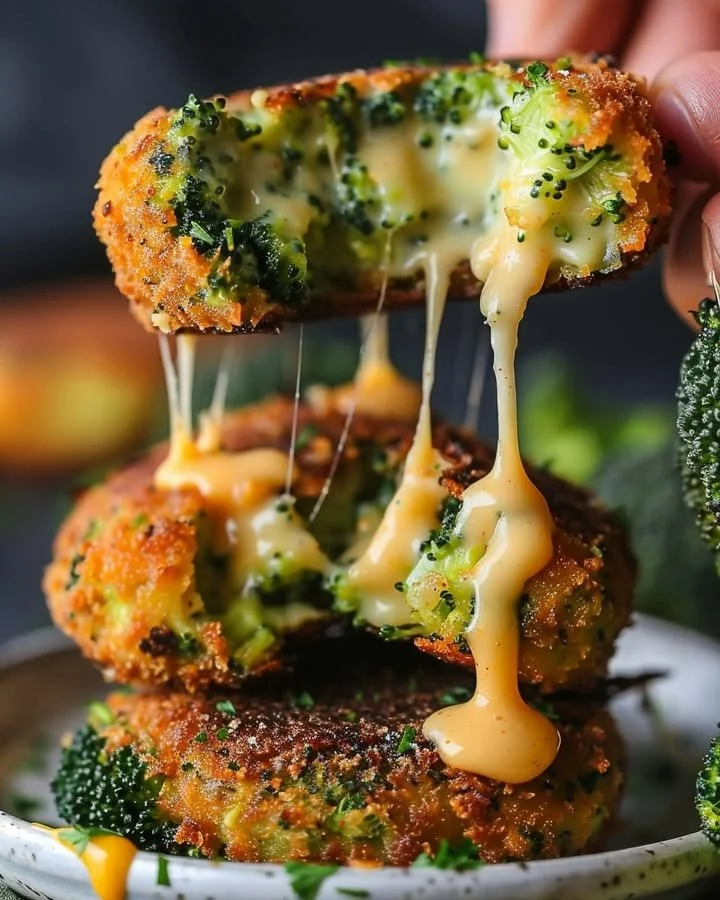 Deliciously golden Broccoli Cheese Patties on a plate with fresh herbs.
