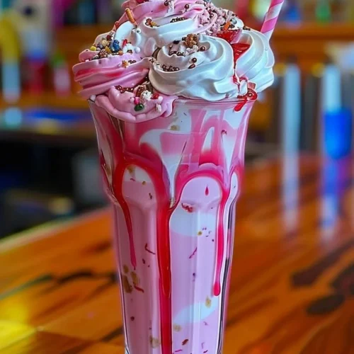 Bubblegum Bliss Mega Shakes in colorful cups with whipped cream and sprinkles