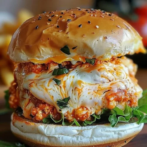 Delicious Buffalo Chicken Lasagna Burger served with a side of ranch dressing
