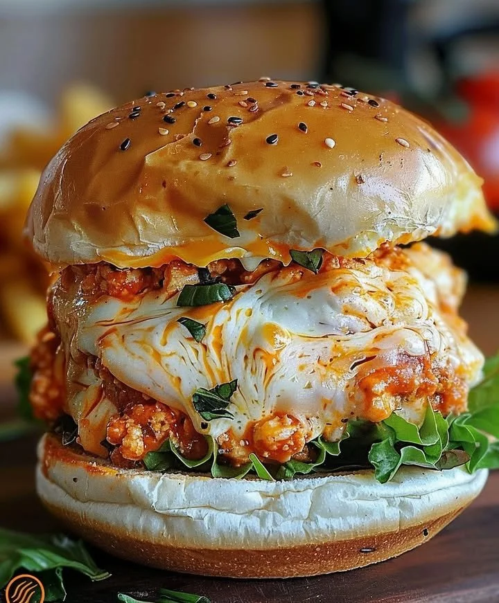 Delicious Buffalo Chicken Lasagna Burger served with a side of ranch dressing
