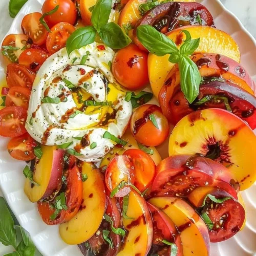 Burrata salad with summer fruits and greens on a plate.