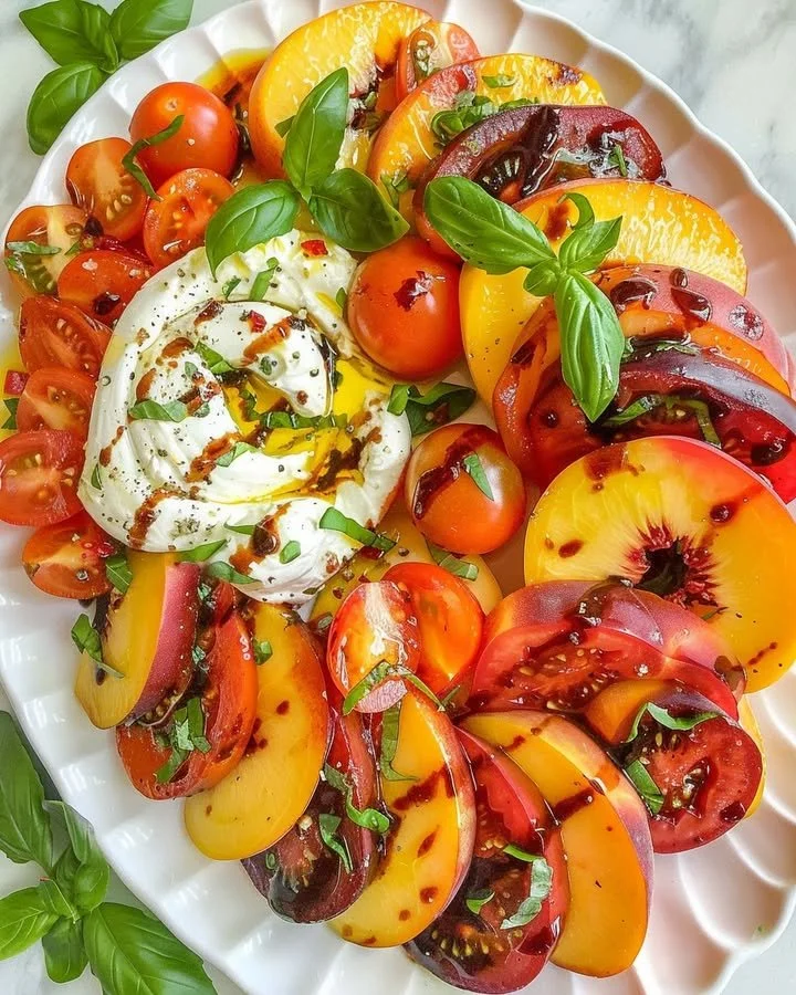 Burrata salad with summer fruits and greens on a plate.