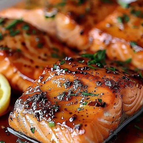 Cajun Honey Butter Salmon with a glaze of honey and spices on a wooden plate