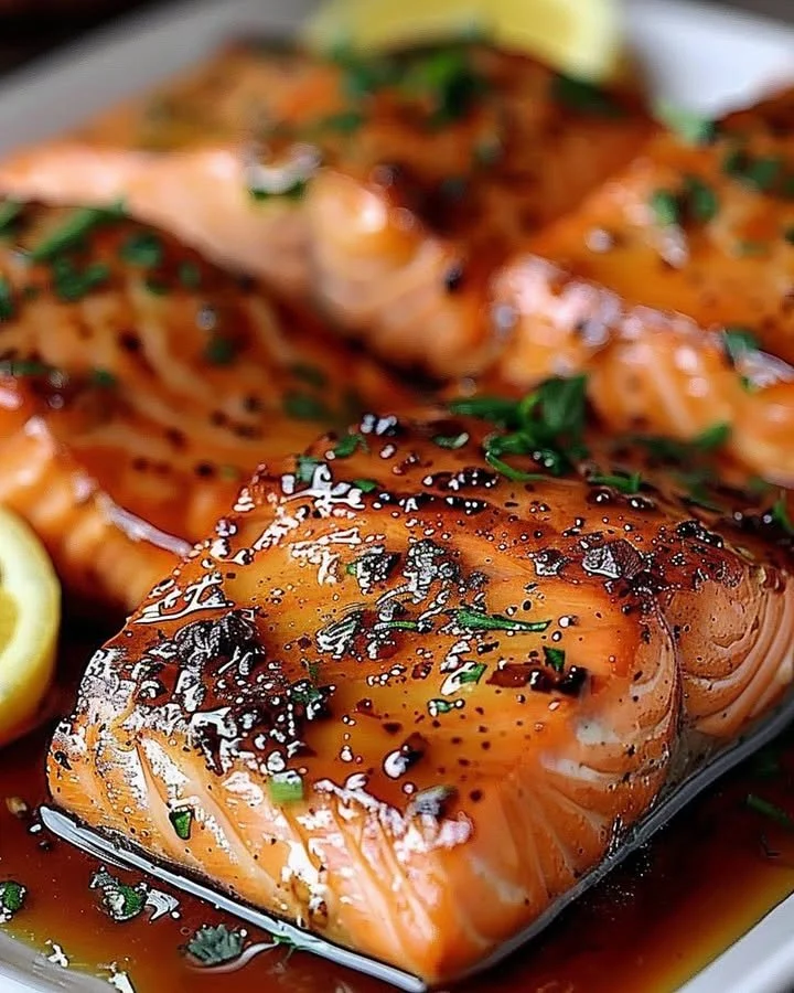 Cajun Honey Butter Salmon with a glaze of honey and spices on a wooden plate