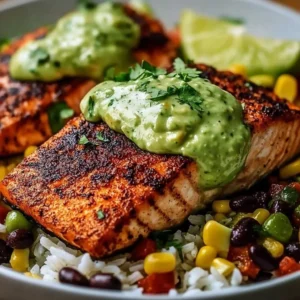 Delicious Cajun Salmon topped with creamy avocado lime sauce