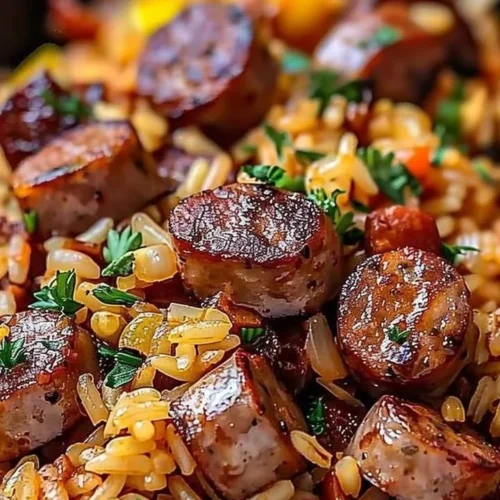 A delicious Cajun Sausage and Rice Skillet dish served in a bright cast iron pan.