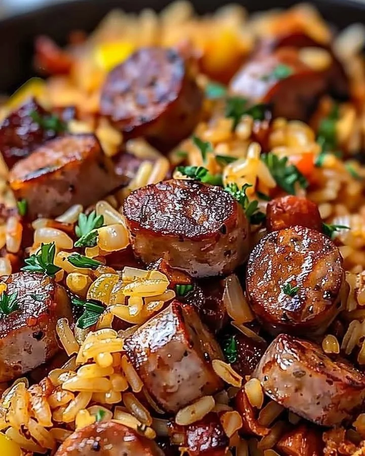 A delicious Cajun Sausage and Rice Skillet dish served in a bright cast iron pan.
