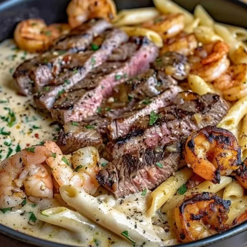 Dish of Cajun Shrimp and Steak Alfredo Pasta served with fresh herbs