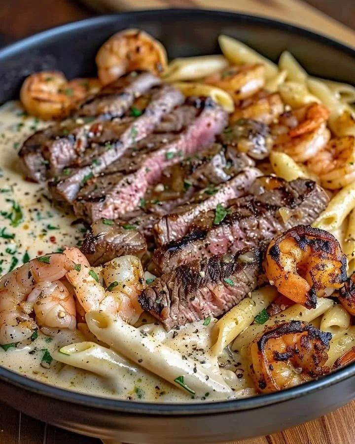Dish of Cajun Shrimp and Steak Alfredo Pasta served with fresh herbs