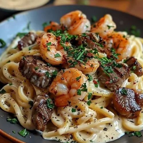 Cajun shrimp steak alfredo pasta served in a creamy sauce with herbs.