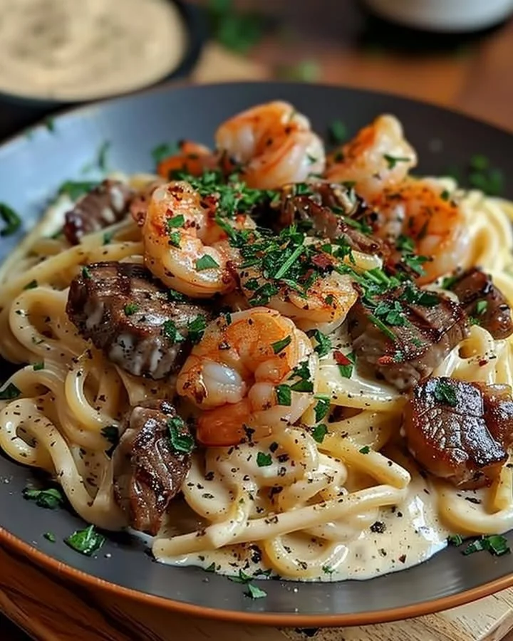 Cajun shrimp steak alfredo pasta served in a creamy sauce with herbs.