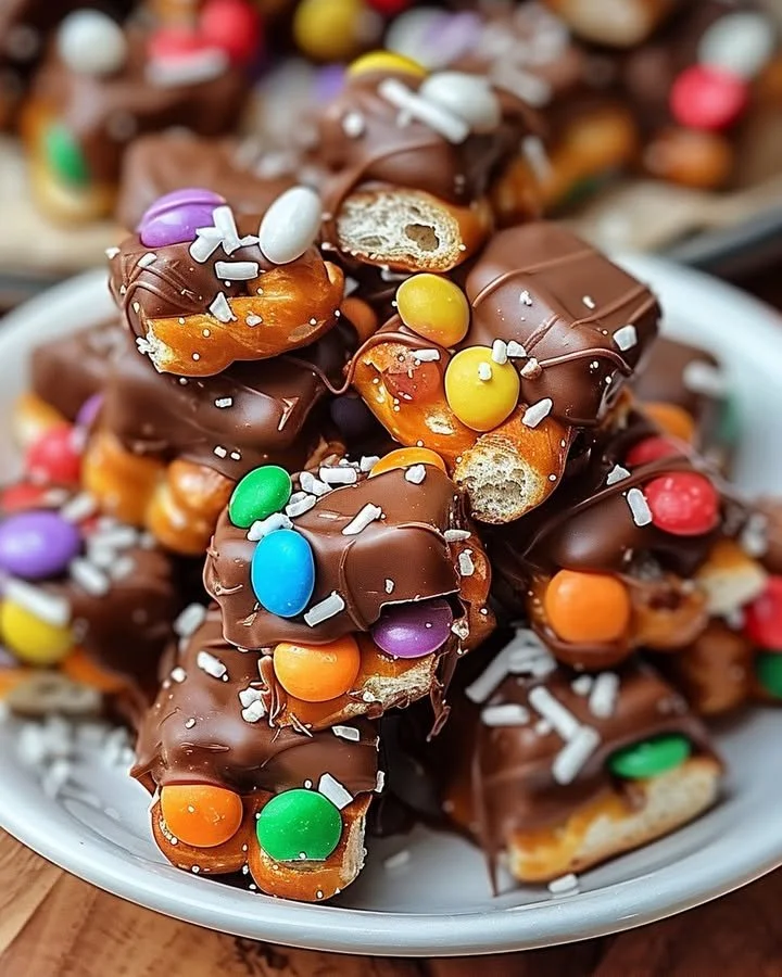 Delicious Candy Bar Pretzel Bites topped with chocolate and candy bars