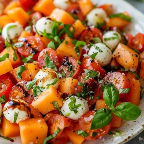 Cantaloupe and heirloom tomato salad garnished with fresh herbs