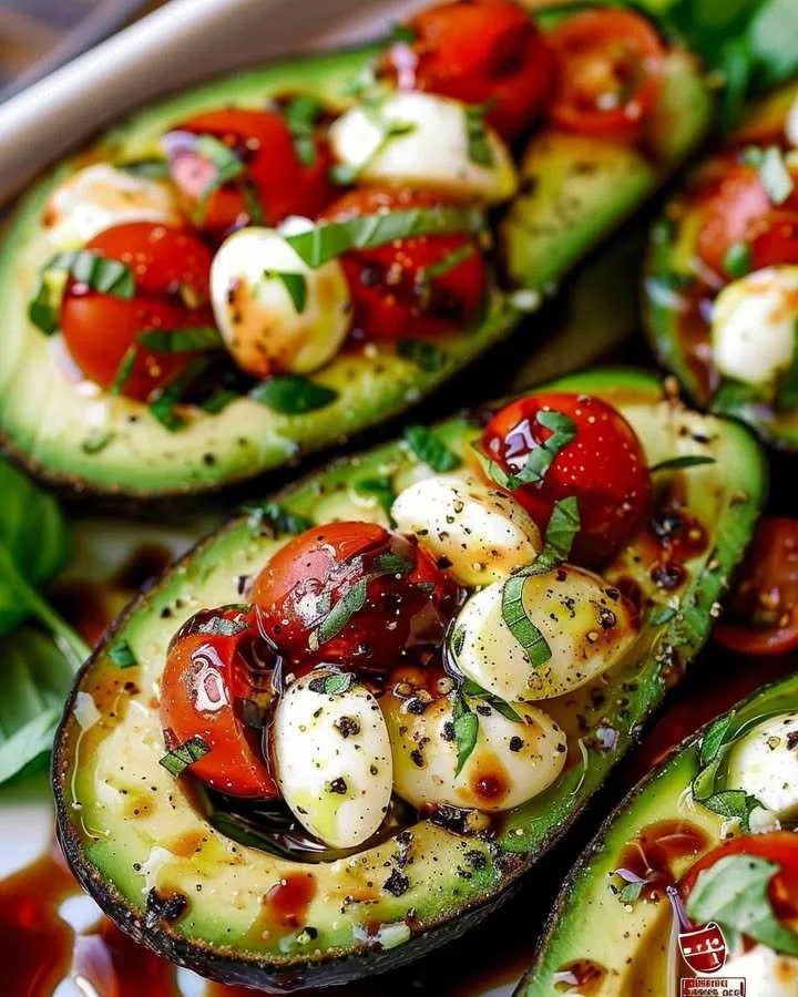 Delicious Caprese stuffed avocado with mozzarella and tomatoes
