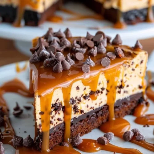 Delicious caramel brownie cheesecake with layers of brownie and creamy filling