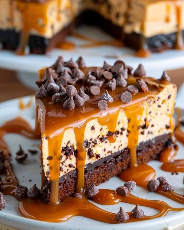 Delicious caramel brownie cheesecake with layers of brownie and creamy filling