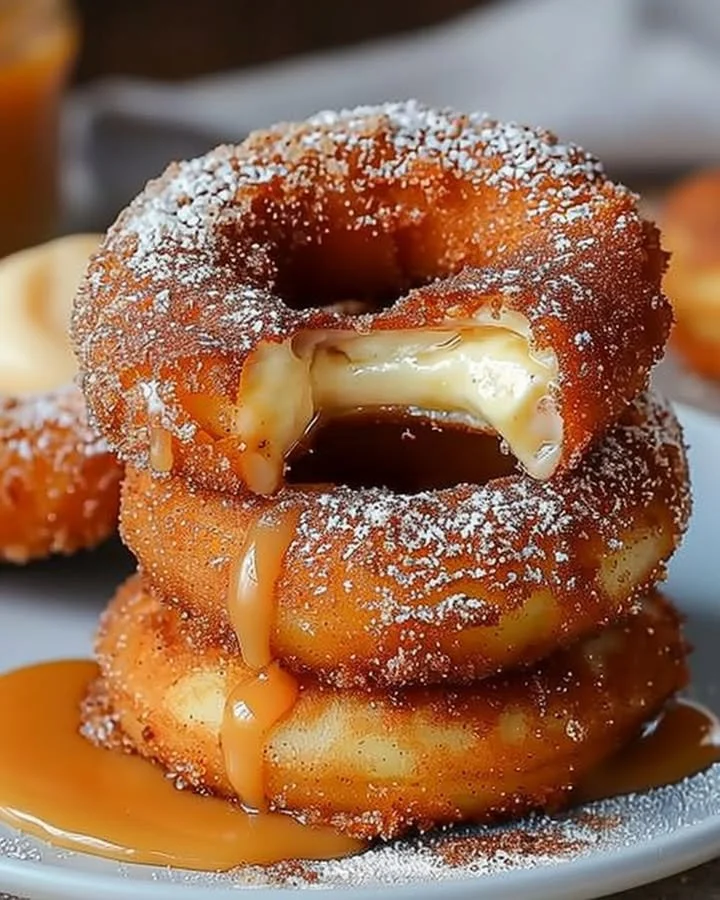Caramel cheesecake-stuffed churro rings drizzled with caramel sauce.