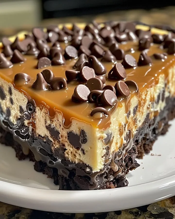 Delicious Caramel Chocolate Chip Cheesecake topped with chocolate chips and caramel drizzle