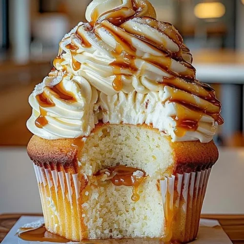 Delicious caramel cupcake with cream cheese frosting on a decorative plate.