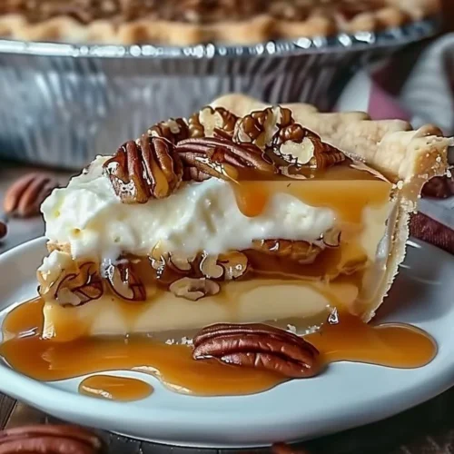 Delicious Caramel Pecan Delight Pie topped with caramel and pecans