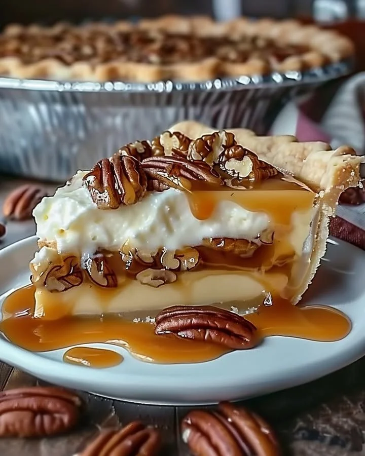 Delicious Caramel Pecan Delight Pie topped with caramel and pecans