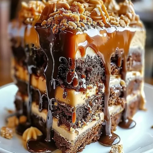 Delicious Caramel Toffee Crunch Cake topped with caramel and crunchy toffee pieces.