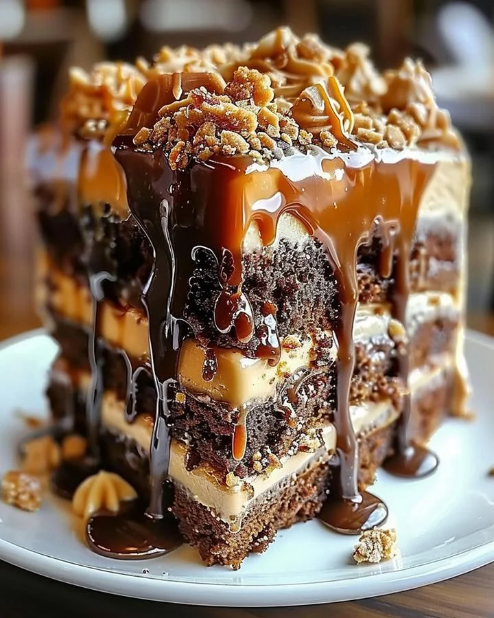 Delicious Caramel Toffee Crunch Cake topped with caramel and crunchy toffee pieces.