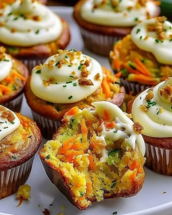 Carrot apple zucchini muffins with cream cheese frosting on a plate