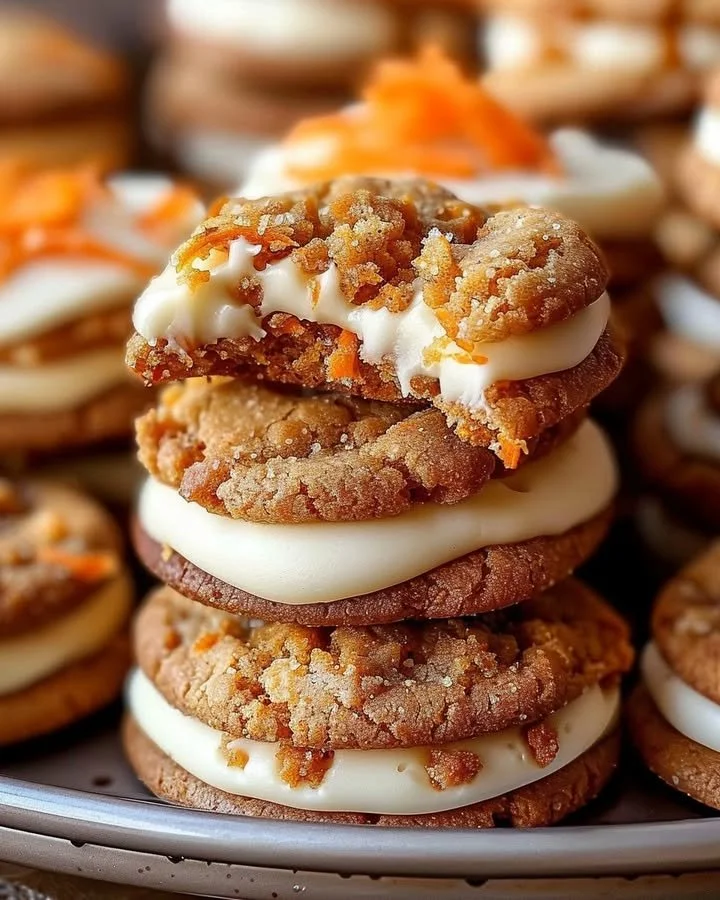 Freshly baked carrot cake cheesecake cookies with cream cheese frosting.
