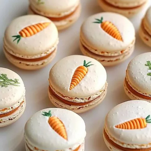 Carrot macarons displayed on a pastel plate, showcasing vibrant orange colors.