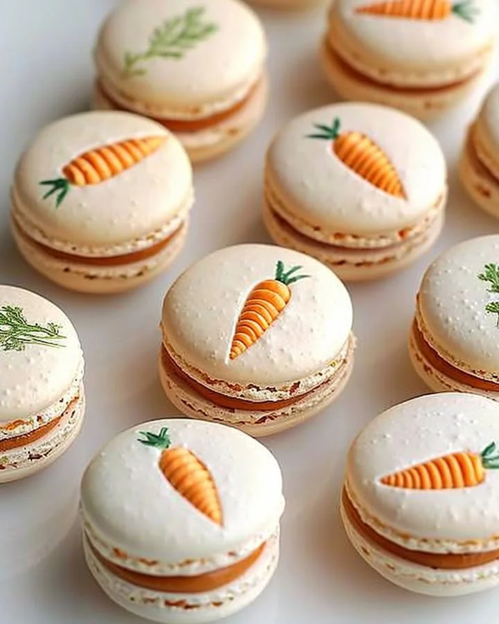 Carrot macarons displayed on a pastel plate, showcasing vibrant orange colors.