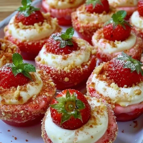 Cheesecake Deviled Strawberries topped with creamy cheesecake filling and fresh berries