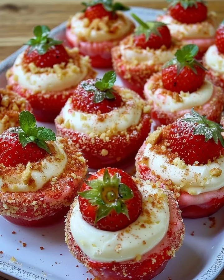 Cheesecake Deviled Strawberries topped with creamy cheesecake filling and fresh berries