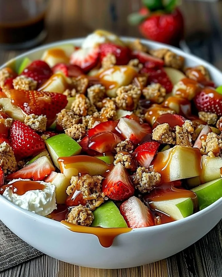 Colorful cheesecake fruit salad served in a bowl with fresh fruits