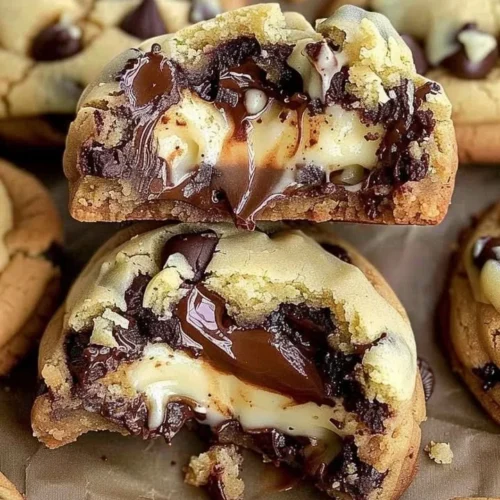 Cheesecake stuffed chocolate chip cookies on a baking tray