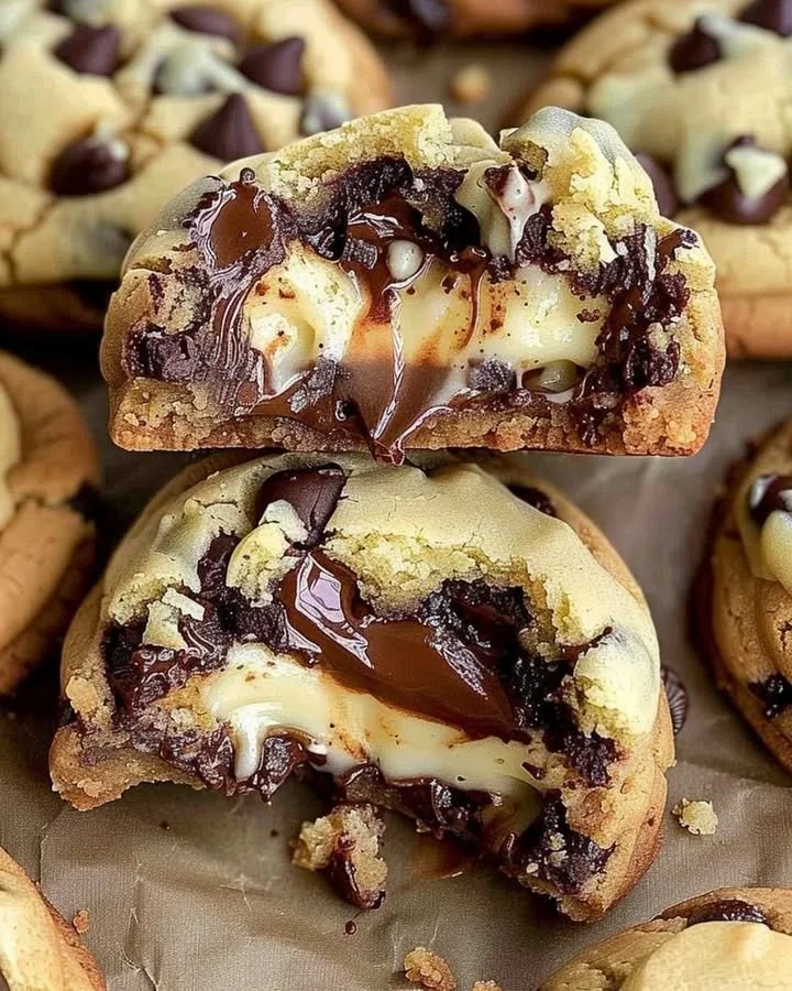 Cheesecake stuffed chocolate chip cookies on a baking tray